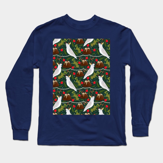 Christmas Sulfur Crested Cockatoo Fruit Pudding Long Sleeve T-Shirt by LozzieElizaDesigns